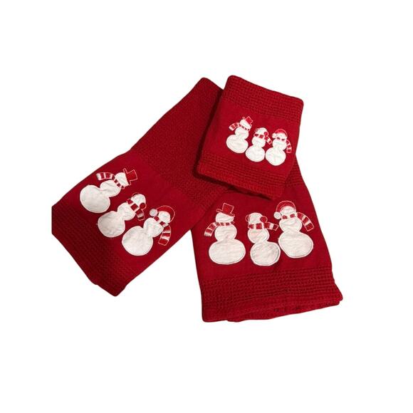 "CRATE & BARREL" Snowman Christmas Towel Set 2 Dishtowel 1 Dishcloth Red & White - Picture 1 of 11